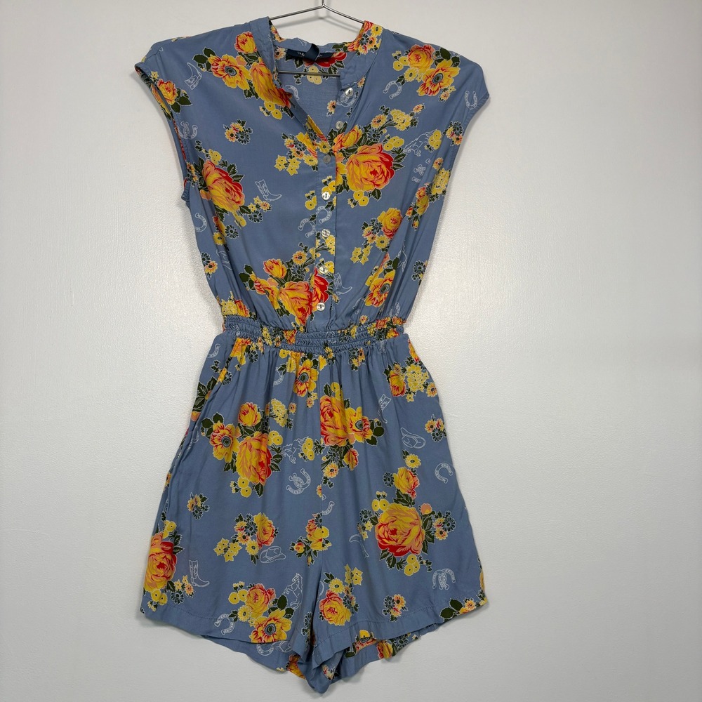 ModCloth Women Romper Sz S Blue Floral Western Horseshoe Sleeveless ElasticWaist